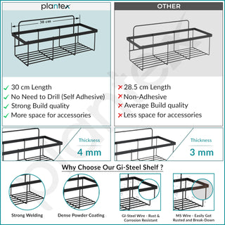 Plantex No Drill Bathroom Shelves/GI Steel Self Adhesive Bathroom Shelf/Shelf for Kitchen with Magic Sticker- Black Powder Coated (Pack of 2)