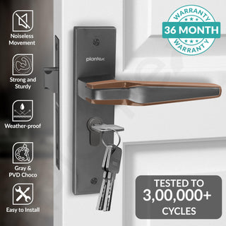 Plantex Heavy Duty Door Lock Set - Main Door Lock Handle Set/Mortise Locks with 3 Keys, Brass Body & Cylinder (8064 - Grey & PVD Choco)