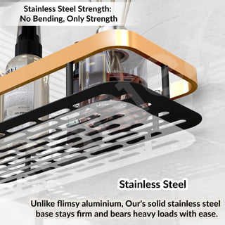 Plantex Bathroom Organiser Without Drill/Self Adhesive Stainless Steel Shelf for Bathroom with Aluminium Railing/Kitchen Shelf - Pack of 1 (12x5 inches, Gold & Black)Wall mount , Bracket shelf