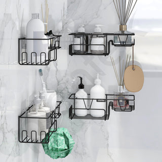 Plantex GI Steel Bathroom Accessories Self Adhesive/Self Adhesive Kitchen Shelf with Side Hooks to Hang Loofah, Soap Holder & Magic Stickers - Black, Powder Coated (Pack of 4)