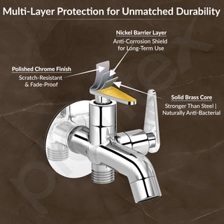 Plantex Pure Brass Two Way Bib Cock Taps Compatible for Washing Machine with Water Saving Nozzle Attachment/2 in 1 Bib Tap with Brass Wall Flange and Teflon Tape-(LEA-707-Chrome)