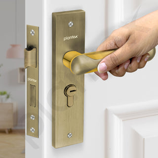 Plantex Heavy-Duty Door Lock Set - Main Door Lock Handle Set/Mortise Lock with 3 Keys, Brass Lock Body & Cylinder (8124 - Brass Antique & PVD Gold)