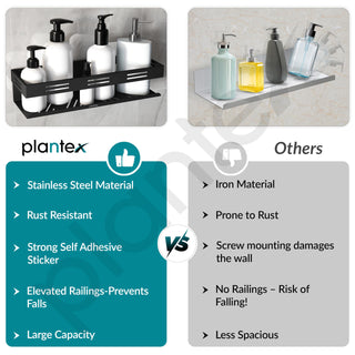 Plantex Self Adhesive Shelf for Bathroom/Stainless Steel Wall Shelf for Kitchen/No Drill Wall Shelves- Pack of 2 (12 x 4 Inch - Black)