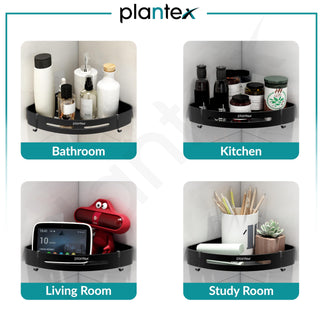 Plantex Self Adhesive Bathroom Corner Shelf/Bathroom Shelf Corner with Removable Hooks/Aluminum No Drill Bathroom Corner Organiser/Rack(9x9 inch Matt Black)