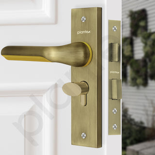 Plantex Heavy-Duty Door Lock Set - Main Door Lock Handle Set/Mortise Lock with 3 Keys, Brass Lock Body & Cylinder (8121 - Brass Antique & PVD Gold)