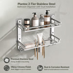 Plantex Bathroom Organiser Without Drill/Stainless Steel Bathroom Accessories Set with Soap Dish and Brush Slots/Hooks/Tumbler Holder/Steel Soap Holder for Bathroom-(2-Tier, Chrome)