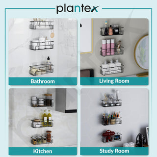 Plantex Bathroom Organiser Without Drill/Self Adhesive Bathroom Shelf for Wall/GI Steel Rack with Side Hooks & Magic Sticker/Bathroom Accessories Set (Black, Powder Coated) - Pack of 3