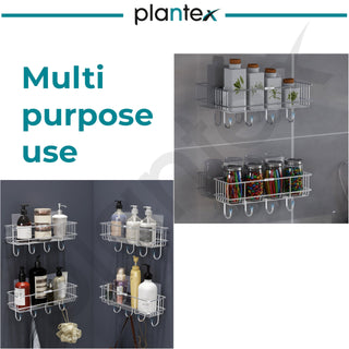 Plantex Stainless Steel Self-Adhesive Multipurpose Bathroom Shelf with Hooks/Towel Holder/Rack/Bathroom Accessories-Wall Mount - Pack of 4 (Chrome)