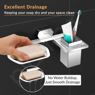Plantex 2in1 Soap Dish with Tumbler Holder for Bathroom/304 Grade Stainless Steel Soap Holder with Toothbrush Holder/Bathroom Accessories - Pack of 1 (Delta - 2808, Chrome)