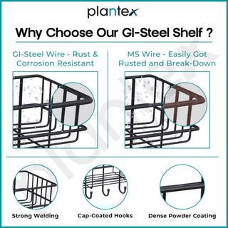 Plantex GI Steel Self Adhesive Bathroom Shelf & Rack/No Drill Wall Mount Bathroom Organiser with Hooks & Towel Hanger/Kitchen Hanging Shelf (Pack of 4-Black, Powder Coated)
