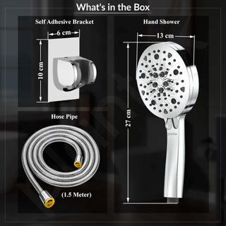 Plantex Abs Hand Shower For Bathroom/5 Inch Round Multi-Function 8 Mode Shower Hand/Hand Shower Set With 1.5 Meter Flexible Tube Pipe With Self Adhesive Bracket - (Chrome)