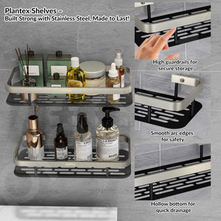 Plantex Bathroom Rack Without Drilling/Stainless Steel Bathroom Shelf for Wall with Aluminium Railing & Magic Stickers/Bathroom Accessories (12x5 inches, Satin & Black)
