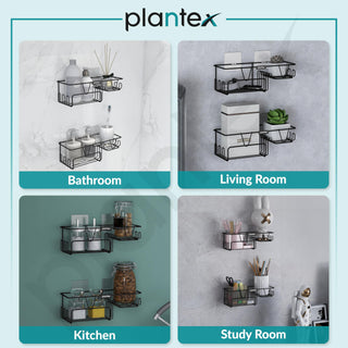 Plantex Shelf with Soap Dish for Bathroom/GI Steel Self Adhesive Bathroom Organizer/Soap Holder with Hook/Bathroom Accessories - Pack of 2 (Black)