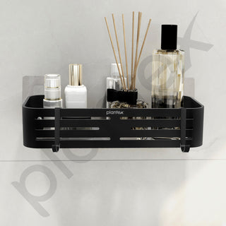 Plantex Self Adhesive Shelf for Bathroom Wall/Aluminium Kitchen Rack Adhesive with Removable Hooks & Magic Stickers/Bathroom Organiser Without Drill (12x5 inches, Matt Black)