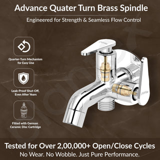 Plantex Pure Brass Two Way Bib Cock Taps Compatible for Washing Machine with Water Saving Nozzle Attachment/2 in 1 Bib Tap with Brass Wall Flange and Teflon Tape-(LEA-707-Chrome)