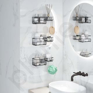 Plantex GI Steel Self Adhesive Soap Holder/Wall Mounted Shelf for Bathroom with Side Hooks to Hang Loofah for Bathing/Bathroom Accessories - Black, Powder Coated (Pack of 3)