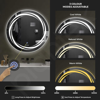 Plantex Glass Lighting Mirror With 3 Lighting Option/Smart Wall Mount Mirror Shatterproof For Living Room/Bedroom/Dressing Room - Round Shape (24 Inch), White