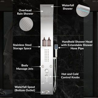Plantex 304 Grade Stainless Steel Shower Panel/6 in 1 Shower System/Handshower with Waterfall Outlet/Tub Spout/Body Massage Spray With Hot &cold Mixer- (1015, Chrome)