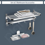 Plantex 304 Stainless Steel Dual Folding Towel Rack for Bathroom with Double Soap Dish/Holder/Bathroom Organizer/Bathroom Accessories Set- Chrome