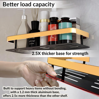 Plantex No Drill Bathroom Organiser/Self Adhesive Shelf for Bathroom/Aluminium Kitchen Organiser Rack Shelf with Magic Stickers (12x5 inches, Gold & Black) - Pack of 2