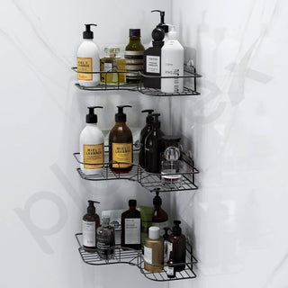 Plantex Drill Free Bathroom Corner Shelf/Adhesive Shelf for Kitchen with Magic Sticker/Bathroom Accessories Set- GI Metal (Pack of 3)