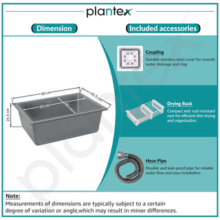 Plantex Kitchen Sink/Quartz Single Bowl Kichen Sink with Hose Pipe and Square Coupling/Under Mount Kitchen Sink - (Grey, 24 x 18 inch)
