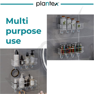 Plantex Stainless Steel Bathroom Organiser Without Drill/Multipurpose Shelf with Hooks/Drill Free Shampoo Holder for Bathroom - Wall Mount - Pack of 2 (Chrome)