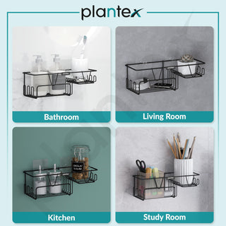 Plantex Bathroom Shelf for Wall Adhesive/GI Steel Bathroom Soap Stand with Side Hooks & Magic Sticker/Bathroom Organiser Without Drill (Black, Powder Coated)