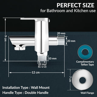 Plantex Two Way Tap for Washing Machine/Quarter Turn 2 in 1 Bib Cock/Wash Basin tap with Teflon Tape and Wall Flange/2 Way Bathroom Tap with Brass Spindle -(Saga-Chrome)