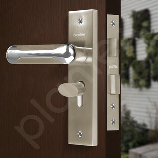 Plantex Heavy-Duty Door Lock Set - Main Door Lock Handle Set/Mortise Lock with 3 Keys, Brass Lock Body & Cylinder (8124 - Steel Satin & Chrome)