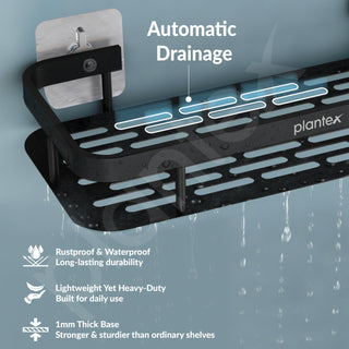 Plantex Bathroom Organiser Without Drill/Self Adhesive Stainless Steel Shelf for Bathroom with Aluminium Railing- Pack of 2 (12x5 inch, Black)