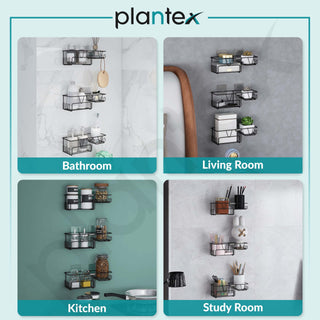 Plantex GI Steel Self Adhesive Soap Holder/Wall Mounted Shelf for Bathroom with Side Hooks to Hang Loofah for Bathing/Bathroom Accessories - Black, Powder Coated (Pack of 3)