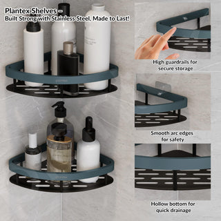 Plantex Self Adhesive Corner Shelf for Bathroom Wall/Aluminium & Stainless Steel Corner Rack/Storage Organizer/Bathroom Accessories Set- Pack of 1 (8 x 8 inch,Cadet Blue & Black)