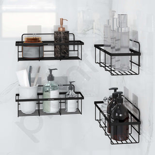 Plantex No Drill Bathroom Organiser/GI Steel Self Adhesive Shelf/Kitchen Shelf with Magic Sticker/Bathroom Accessories Set - Black, Powder Coated (Pack of 4)