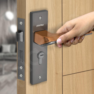 Plantex Heavy-Duty Door Lock Set - Main Door Lock Handle Set/Mortise Lock with 3 Keys, Brass Lockbody & Cylinder (8113 - Satin Black & PVD Choco)