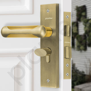 Plantex Heavy-Duty Door Lock Set - Main Door Lock Handle Set/Mortise Lock with 3 Keys, Brass Lock Body & Cylinder (8124 - Brass Antique & PVD Gold)
