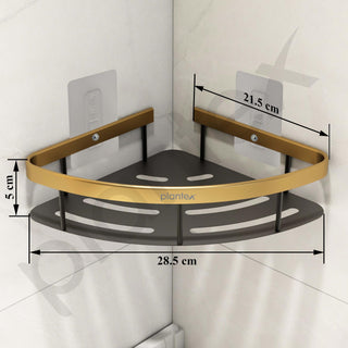 Plantex Self Adhesive Bathroom Corner Shelf/Aluminium Wall Mounted Rack for Kitchen Corner with Golden Railing & Magic Stickers/Bathroom Accessories (9x9 inches, Gold & Black)