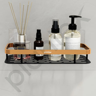 Plantex Drill Free Aluminium Bathroom Shelf/Self Adhesive Shelf for Kitchen with Golden Railing & Magic Stickers/Floating Storage Organiser (12x5 inches, Gold & Black) - Pack of 1