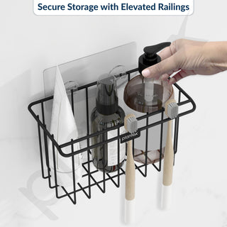 Plantex Self-Adhesive Toothbrush Holder/Bathroom Organiser Without Drill/Storage Rack/Shelf for Bathroom Wall- (Black, Alloy Steel, Hanging Shelves)