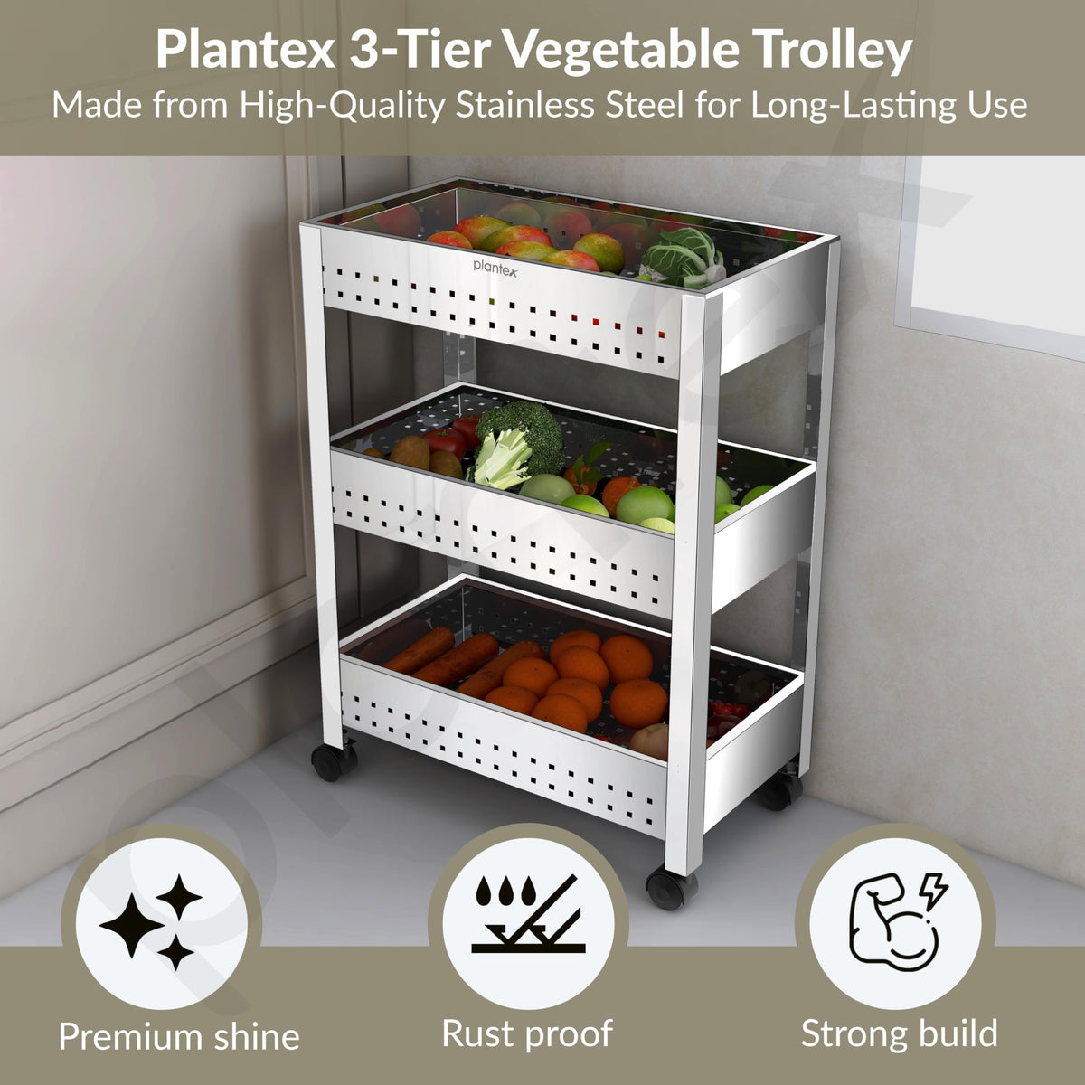 Plantex Stainless Steel 3-Tier Vegetable Storage Basket for