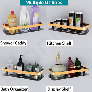 Plantex No Drill Bathroom Organiser/Self Adhesive Shelf for Bathroom/Aluminium Kitchen Organiser Rack Shelf with Magic Stickers (12x5 inches, Gold & Black) - Pack of 2