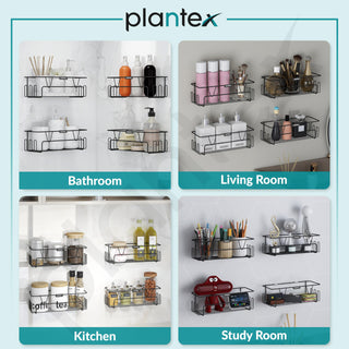 Plantex GI Steel Bathroom Accessories Self Adhesive/Bathroom Shelf for Wall Without Drilling with Side Hooks & Magic Sticker - Black, Powder Coated (Pack of 4)
