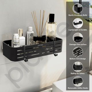 Plantex Self Adhesive Shelf for Bathroom Wall/Aluminium Kitchen Rack Adhesive with Removable Hooks & Magic Stickers/Bathroom Organiser Without Drill (12x5 inches, Matt Black)