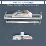 Plantex 304 Stainless Steel Dual Folding Towel Rack for Bathroom with Double Soap Dish/Holder/Bathroom Organizer/Bathroom Accessories Set- Chrome
