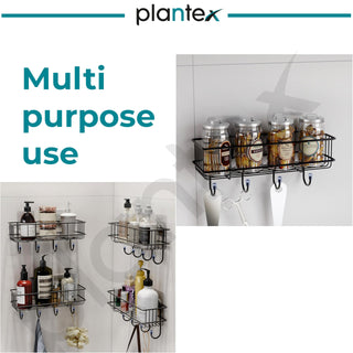 Plantex GI Steel Self Adhesive Bathroom Shelf & Rack/No Drill Wall Mount Bathroom Organiser with Hooks & Towel Hanger/Kitchen Hanging Shelf (Pack of 4-Black, Powder Coated)