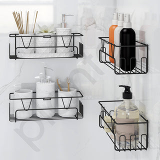 Plantex GI Steel Bathroom Accessories Self Adhesive/Bathroom Shelf for Wall Without Drilling with Side Hooks & Magic Sticker - Black, Powder Coated (Pack of 4)