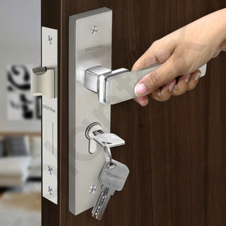 Plantex Heavy-Duty Door Lock Set - Main Door Lock Handle Set/Mortise Lock with 3 Keys, Brass Lock Body & Cylinder (8116 - Steel Satin & Chrome)