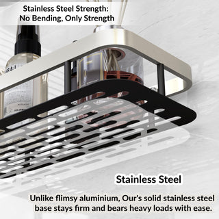 Plantex No Drill Bathroom Organiser/Self Adhesive Stainless Steel Shelf for Bathroom with Aluminium Railing/Shelf for Bedroom- Pack of 2 (12x5 inches, Satin & Black)