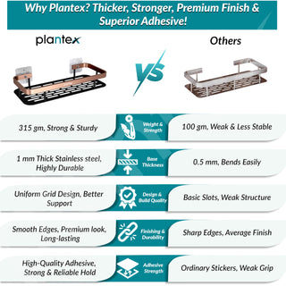 Plantex Self Adhesive Bathroom Shelf/Bathroom Organiser Without Drill/Stainless Steel Bathroom Shelf Rack with Aluminium Railing/Kitchen Rack-Pack of 2(12x5 inch, Copper & Black)