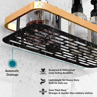 Plantex No Drill Bathroom Organiser/Self Adhesive Stainless Steel Shelf for Bathroom with Aluminium Railing/Storage Organiser- Pack of 2 (12x5 inches, Gold & Black)